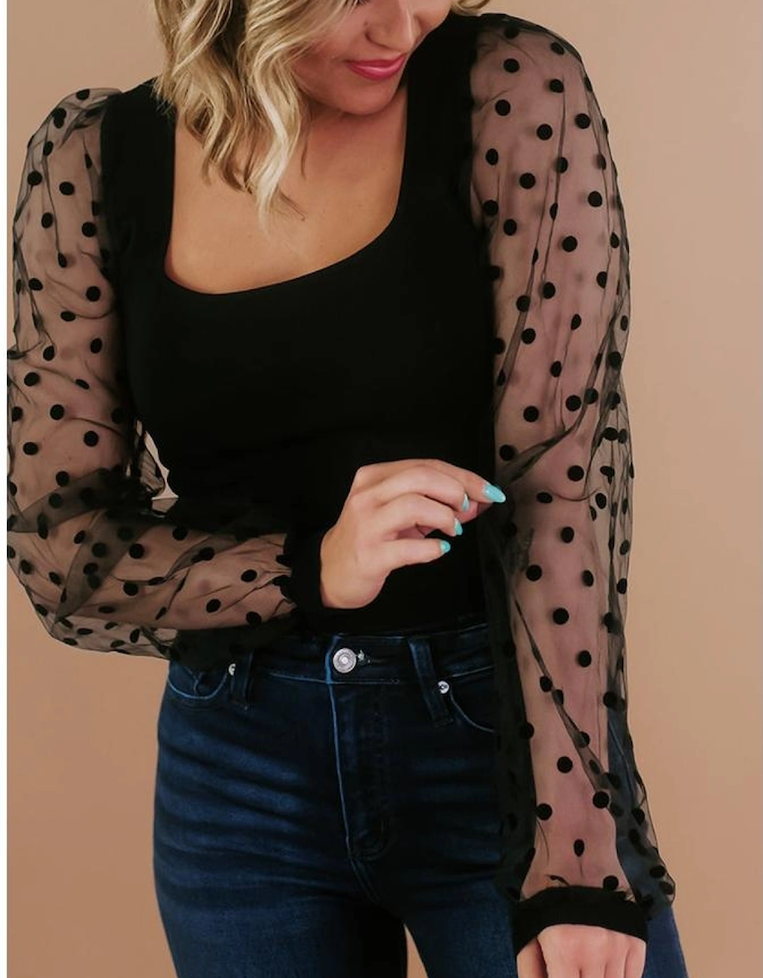Black Polka Dot Mesh Puff Sleeve Patchwork Ribbed Square Neck Slim Top
