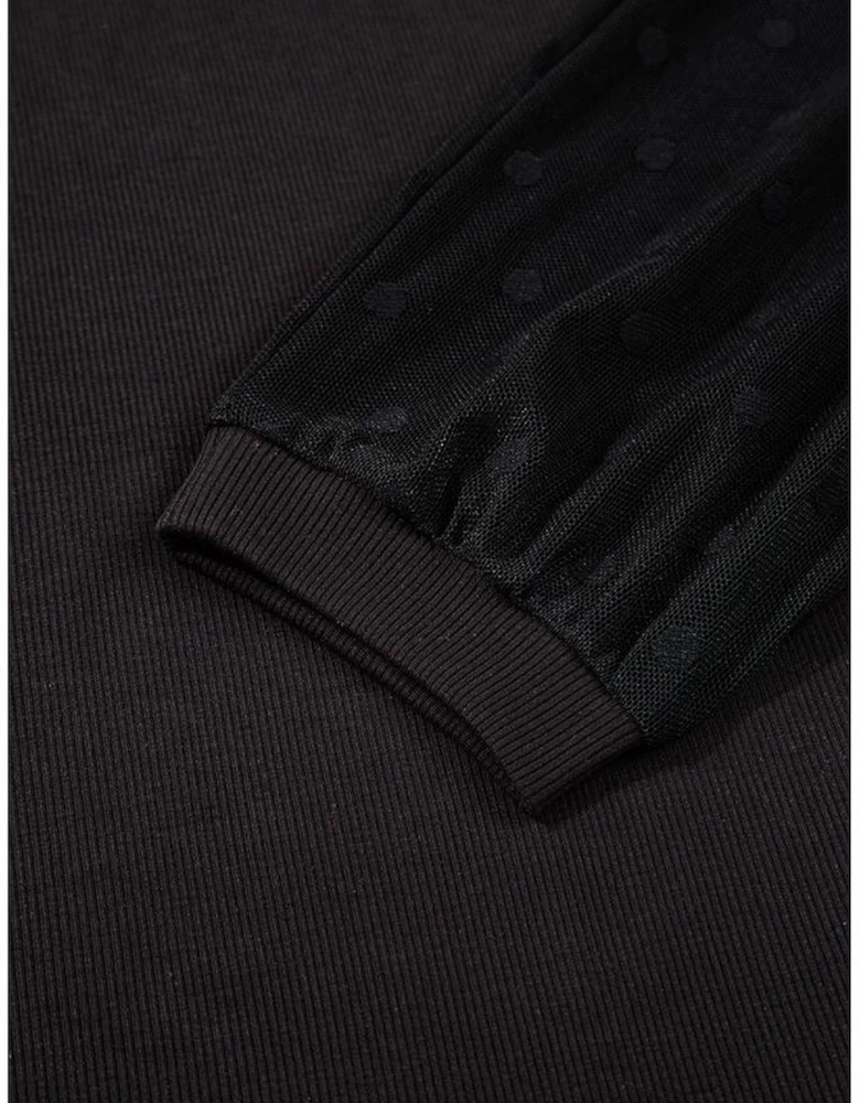 Black Polka Dot Mesh Puff Sleeve Patchwork Ribbed Square Neck Slim Top