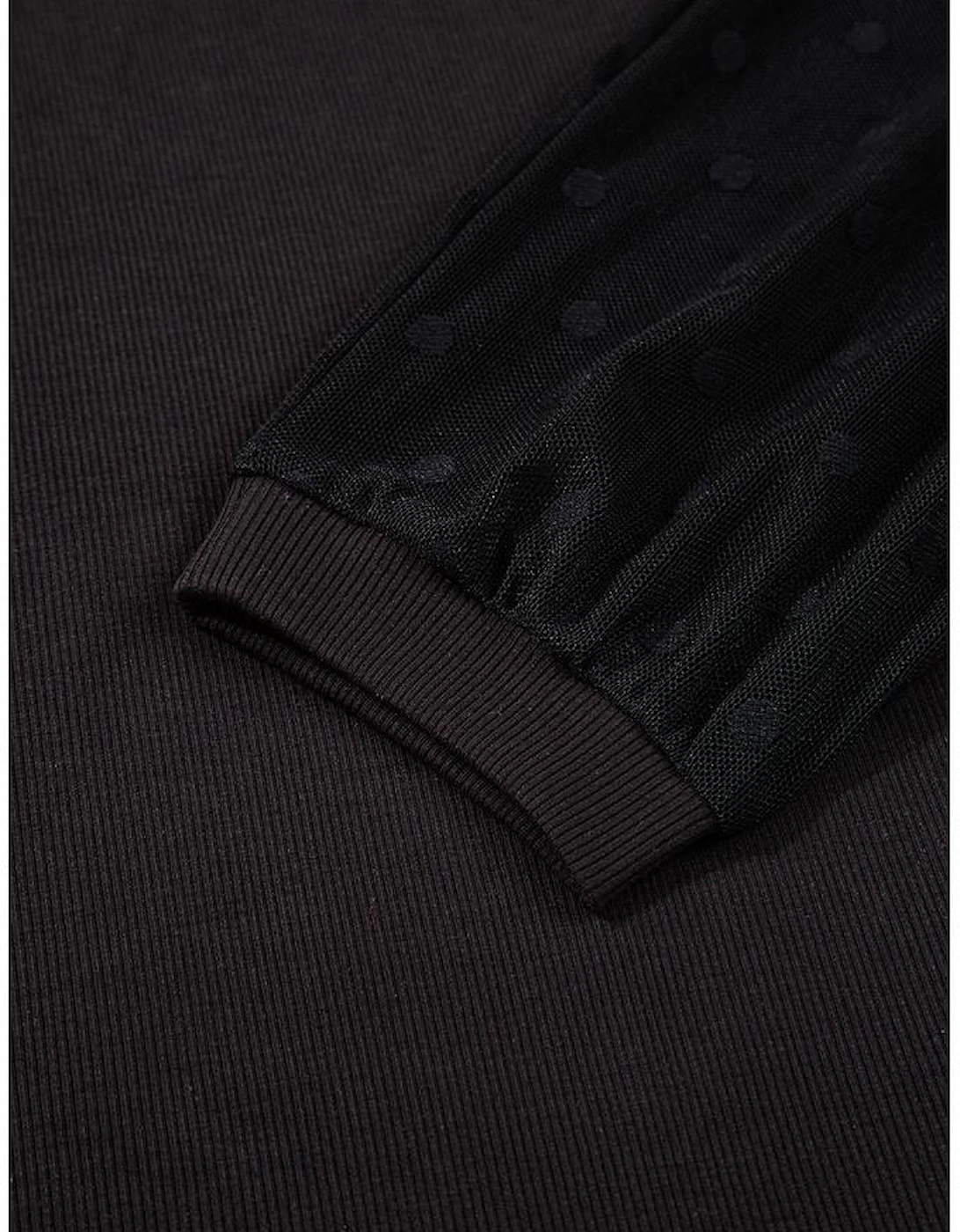 Black Polka Dot Mesh Puff Sleeve Patchwork Ribbed Square Neck Slim Top