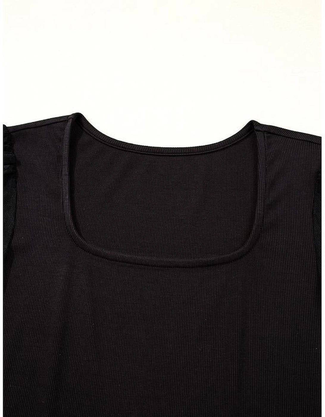 Black Polka Dot Mesh Puff Sleeve Patchwork Ribbed Square Neck Slim Top