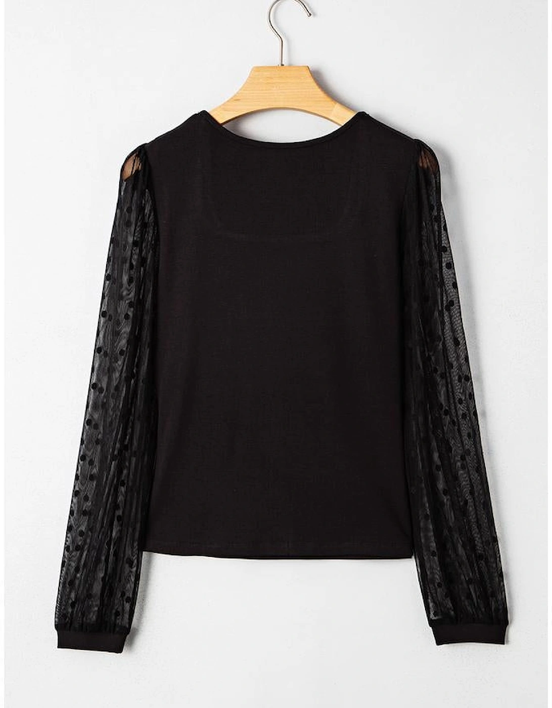 Black Polka Dot Mesh Puff Sleeve Patchwork Ribbed Square Neck Slim Top