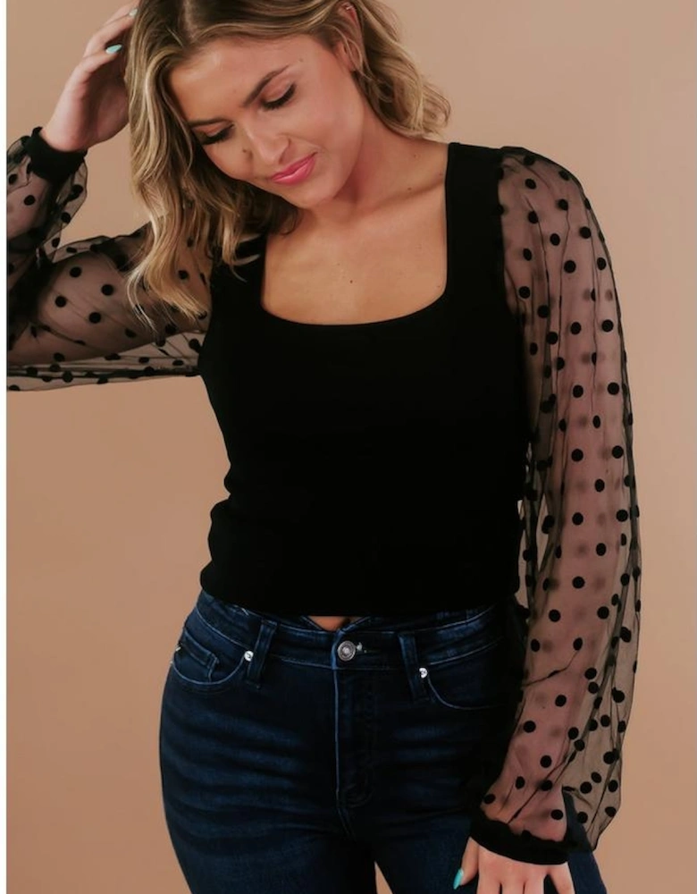 Black Polka Dot Mesh Puff Sleeve Patchwork Ribbed Square Neck Slim Top