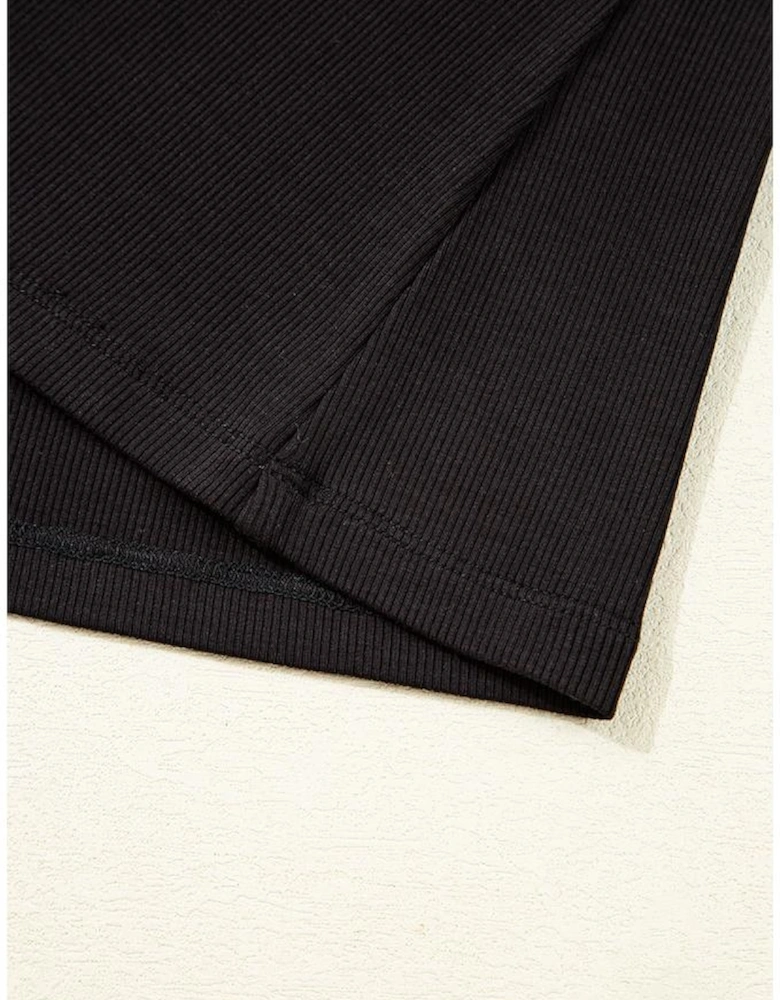 Black Polka Dot Mesh Puff Sleeve Patchwork Ribbed Square Neck Slim Top