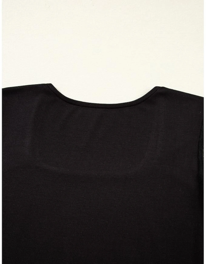 Black Polka Dot Mesh Puff Sleeve Patchwork Ribbed Square Neck Slim Top