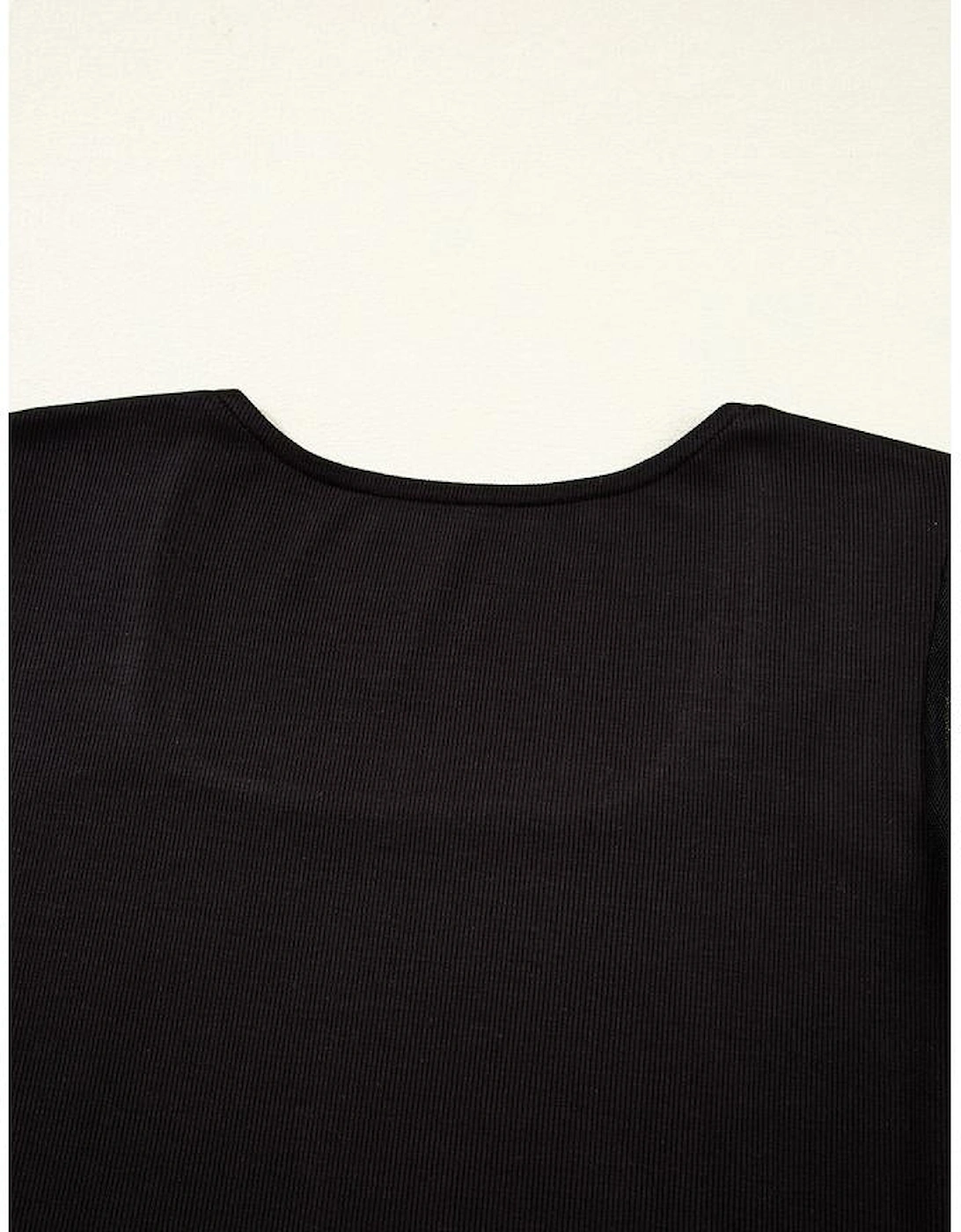 Black Polka Dot Mesh Puff Sleeve Patchwork Ribbed Square Neck Slim Top