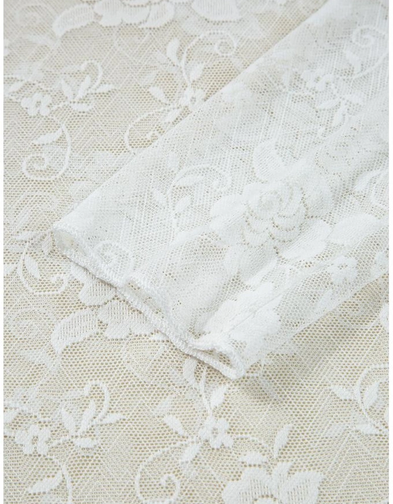 White Sheer Floral Lace Mesh Mock Neck Long Sleeve Top