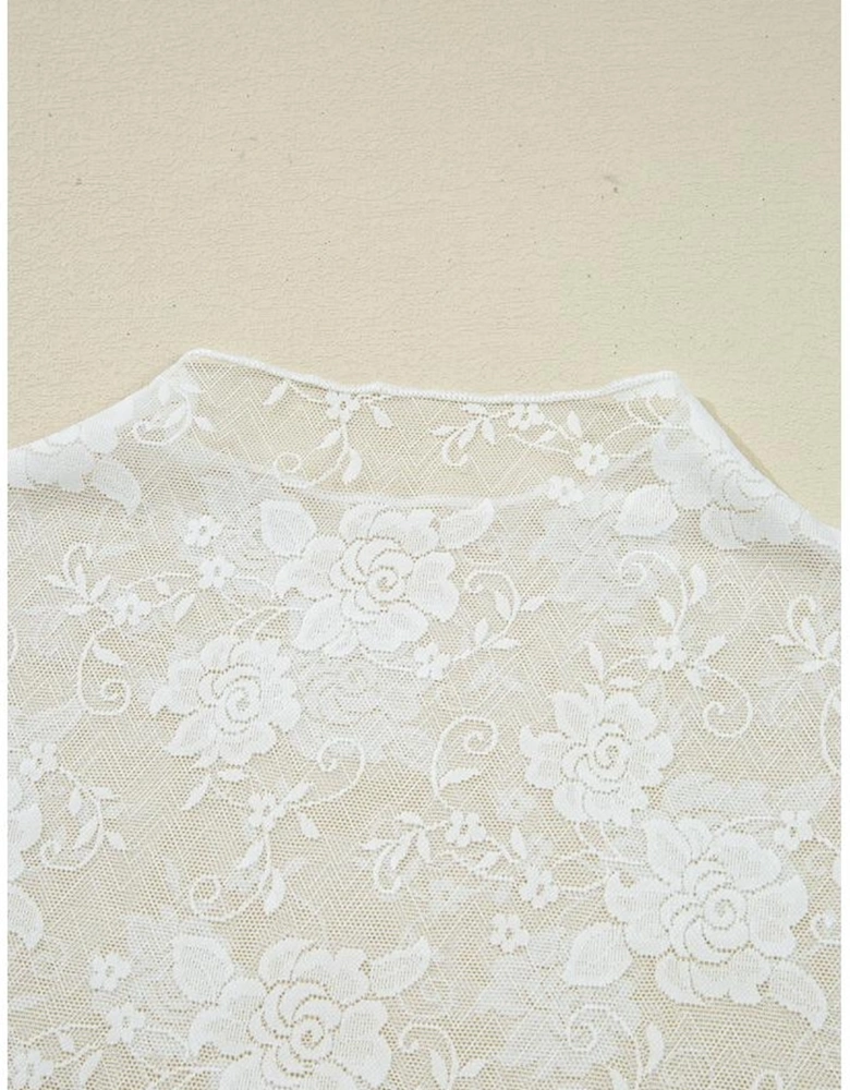 White Sheer Floral Lace Mesh Mock Neck Long Sleeve Top