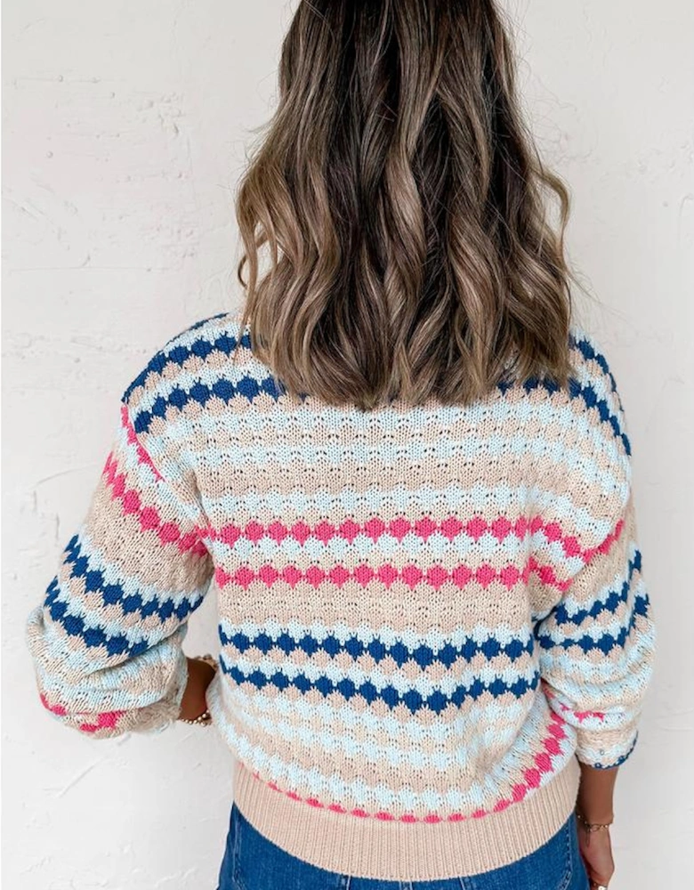 Khaki Stripe Eyelet Patterned Drop Shoulder Sweater