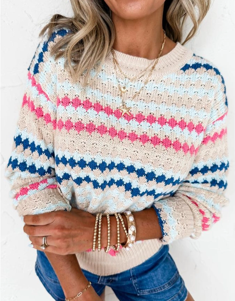 Khaki Stripe Eyelet Patterned Drop Shoulder Sweater