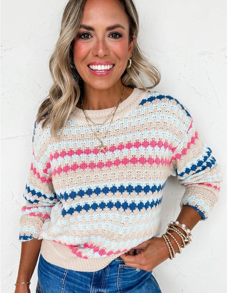 Khaki Stripe Eyelet Patterned Drop Shoulder Sweater