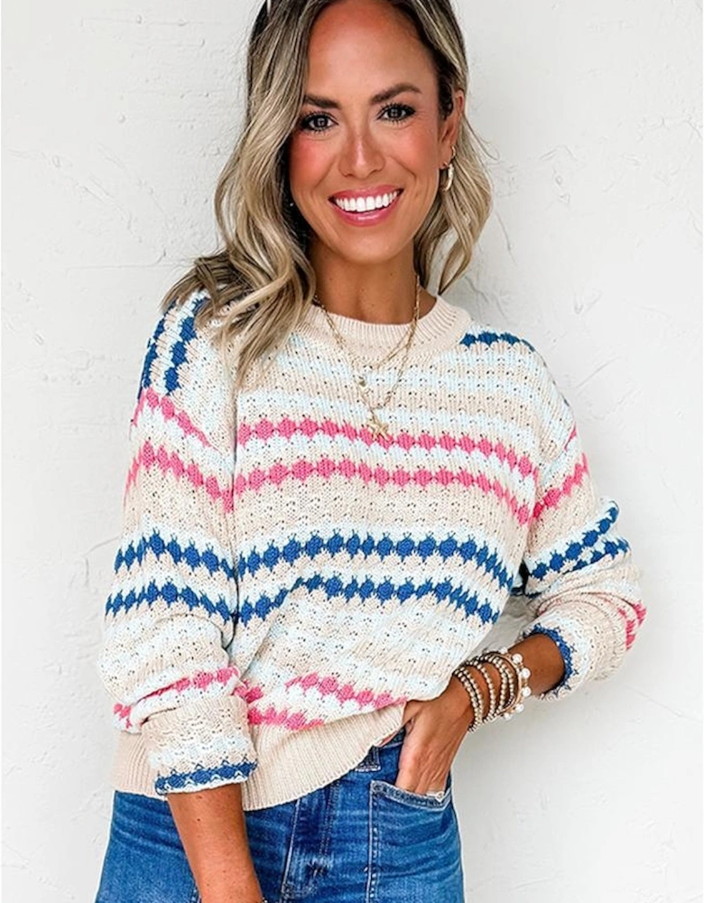 Khaki Stripe Eyelet Patterned Drop Shoulder Sweater