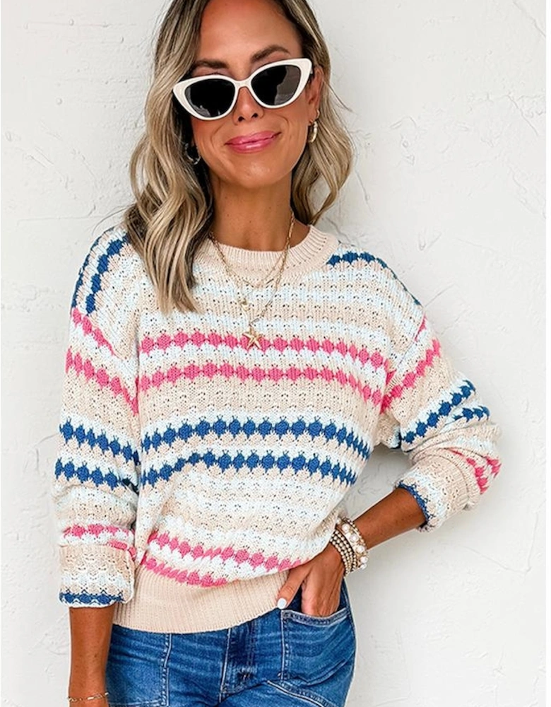 Khaki Stripe Eyelet Patterned Drop Shoulder Sweater