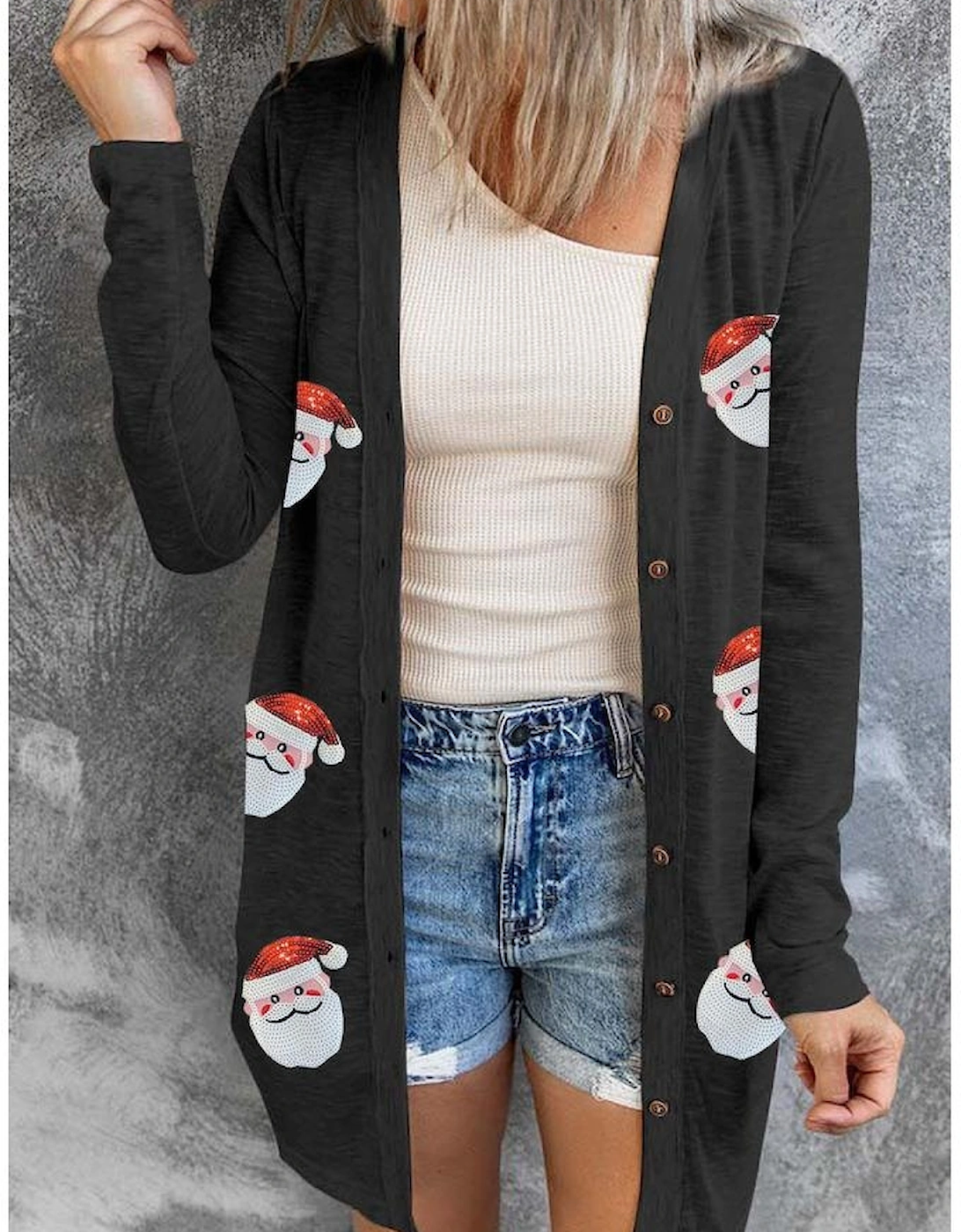 Black Sequined Santa Claus Button Up Cardigan, 5 of 4