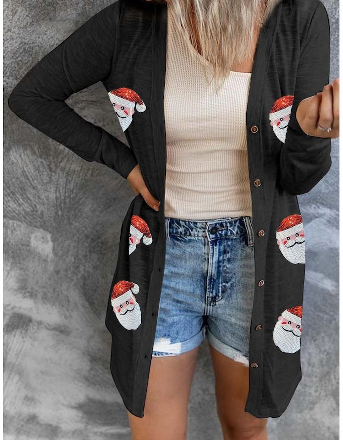 Black Sequined Santa Claus Button Up Cardigan
