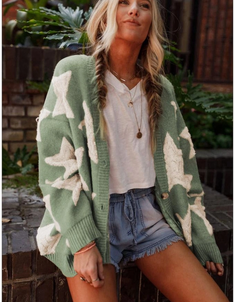 Green Sherpa Star Pattern Textured Sweater Cardigan with Pockets
