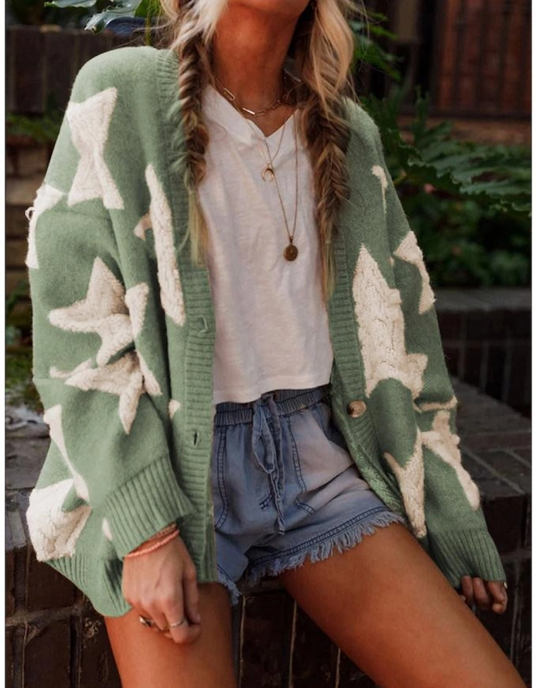 Green Sherpa Star Pattern Textured Sweater Cardigan with Pockets