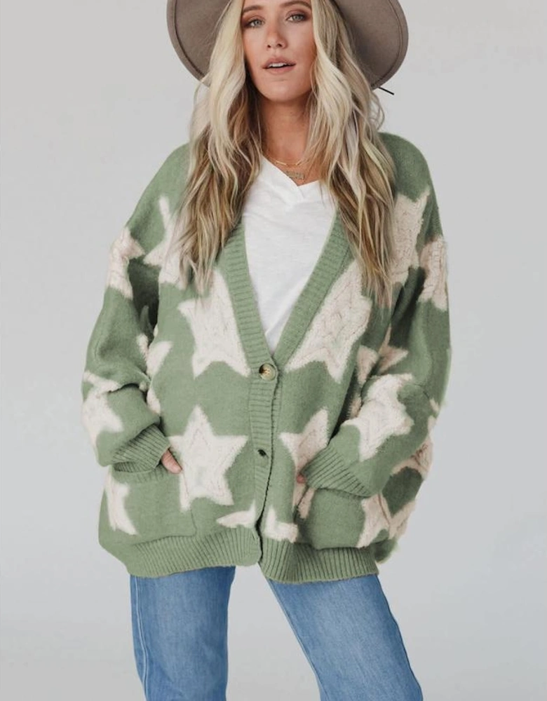 Green Sherpa Star Pattern Textured Sweater Cardigan with Pockets