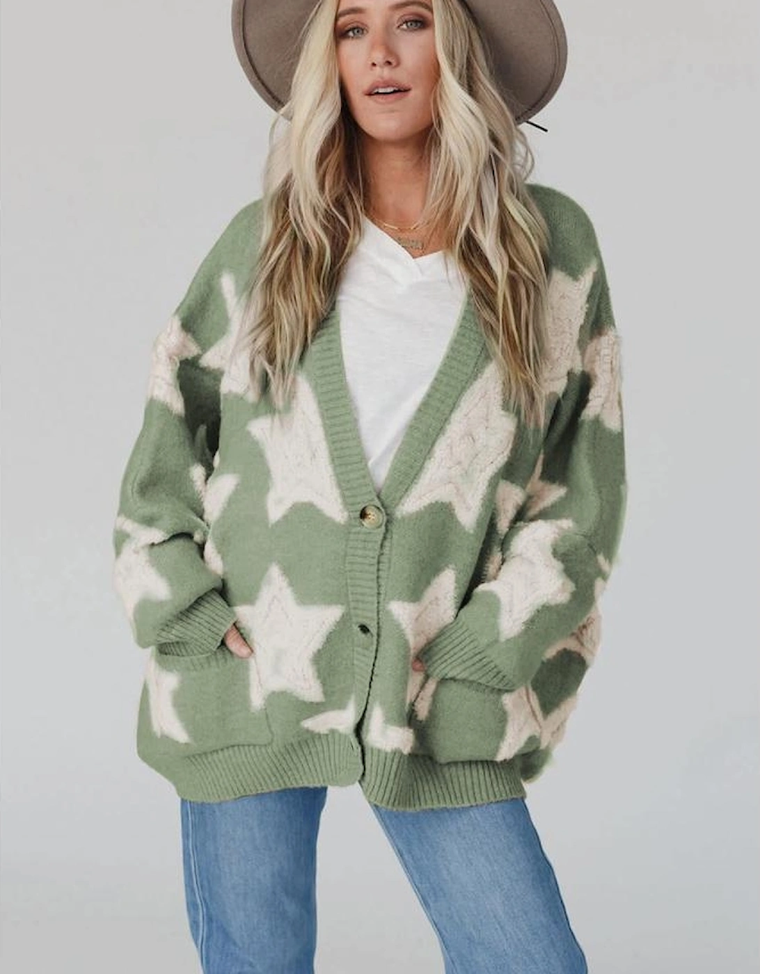 Green Sherpa Star Pattern Textured Sweater Cardigan with Pockets