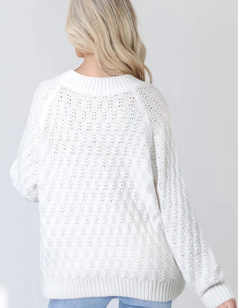 White Textured Knit Ribbed Edge V Neck Loose Sweater
