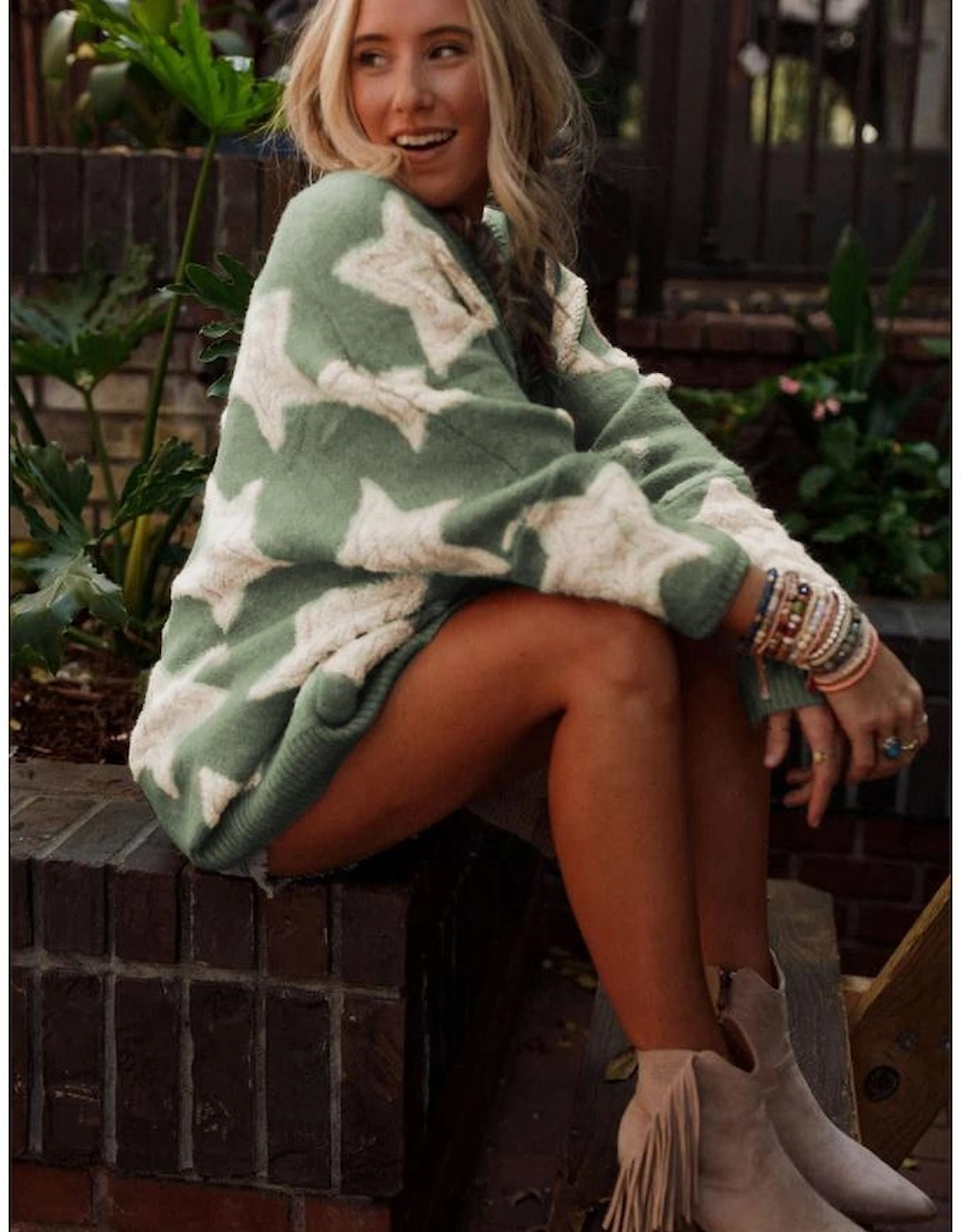 Green Sherpa Star Pattern Textured Sweater Cardigan with Pockets, 5 of 4