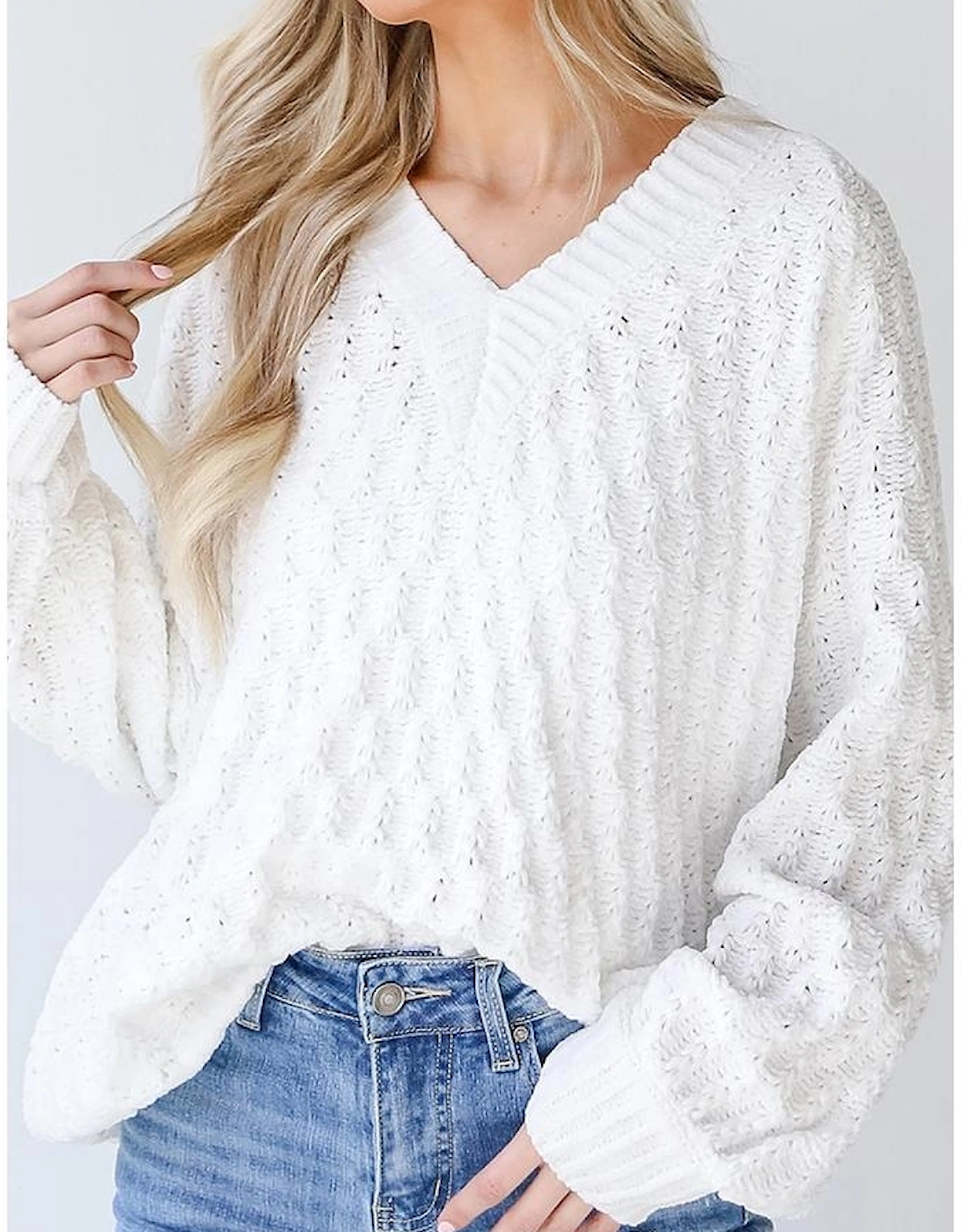 White Textured Knit Ribbed Edge V Neck Loose Sweater, 16 of 15