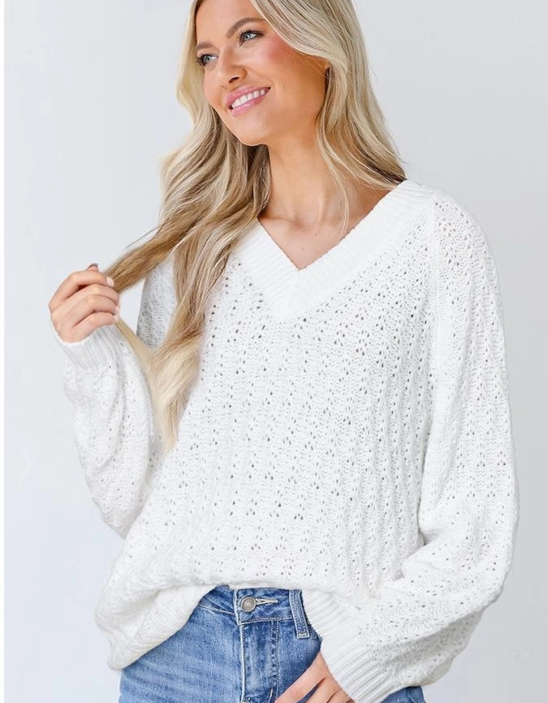 White Textured Knit Ribbed Edge V Neck Loose Sweater