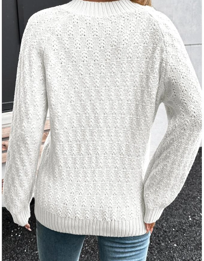 White Textured Knit Ribbed Edge V Neck Loose Sweater