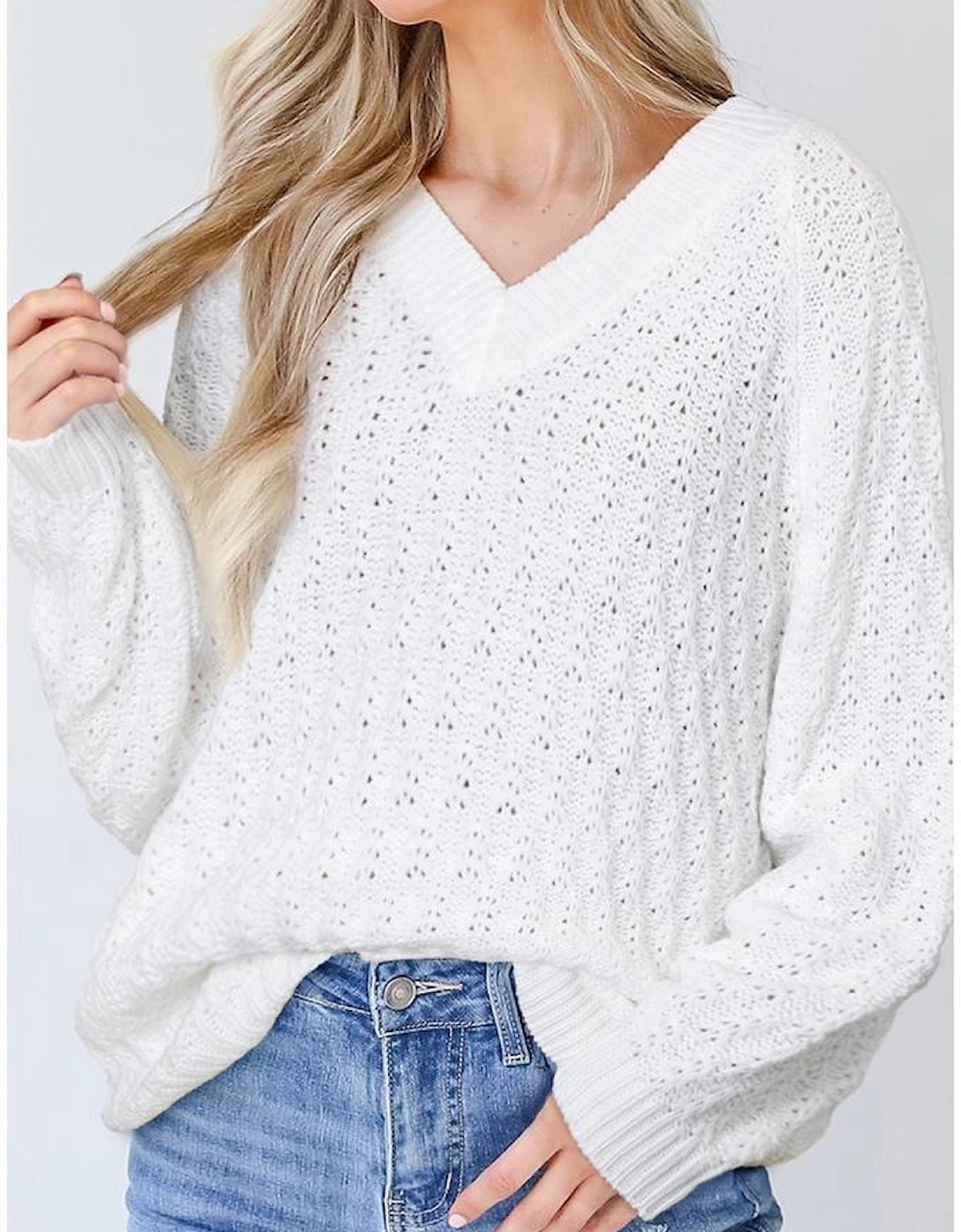 White Textured Knit Ribbed Edge V Neck Loose Sweater