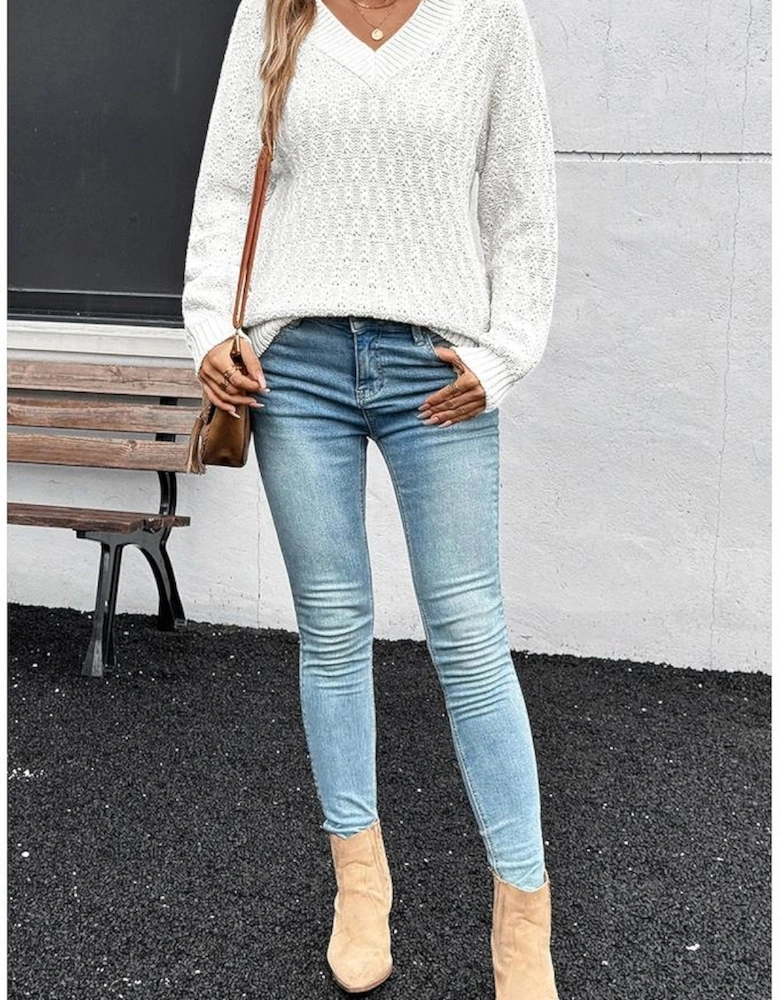 White Textured Knit Ribbed Edge V Neck Loose Sweater
