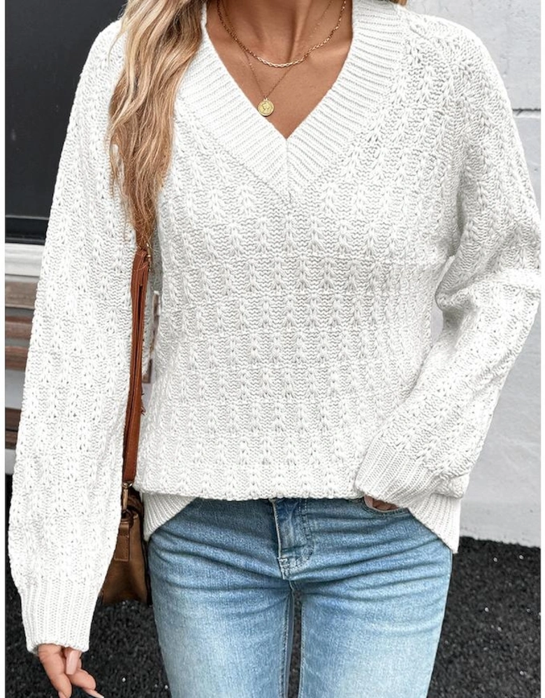 White Textured Knit Ribbed Edge V Neck Loose Sweater