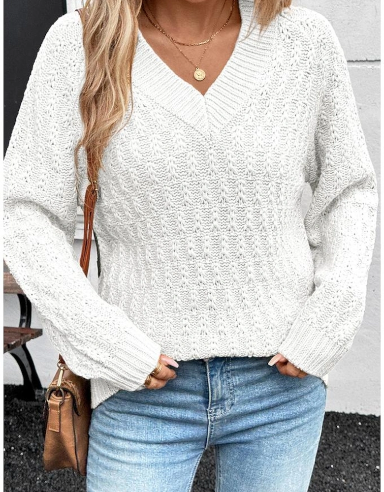 White Textured Knit Ribbed Edge V Neck Loose Sweater