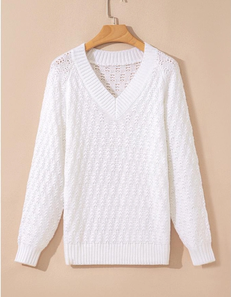 White Textured Knit Ribbed Edge V Neck Loose Sweater
