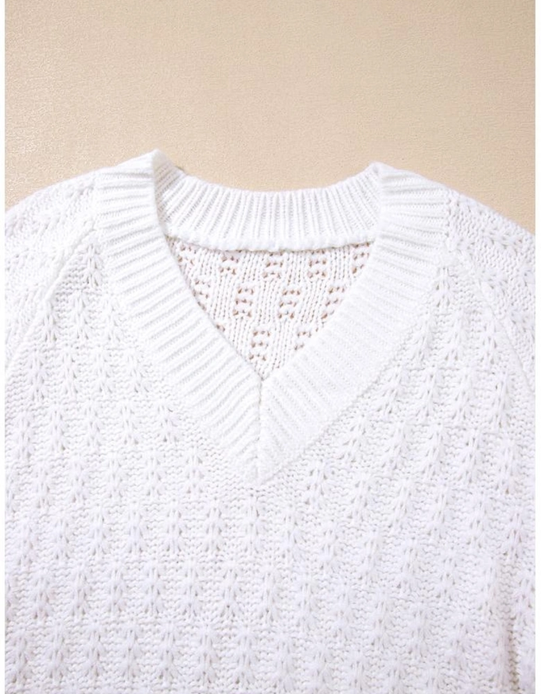 White Textured Knit Ribbed Edge V Neck Loose Sweater