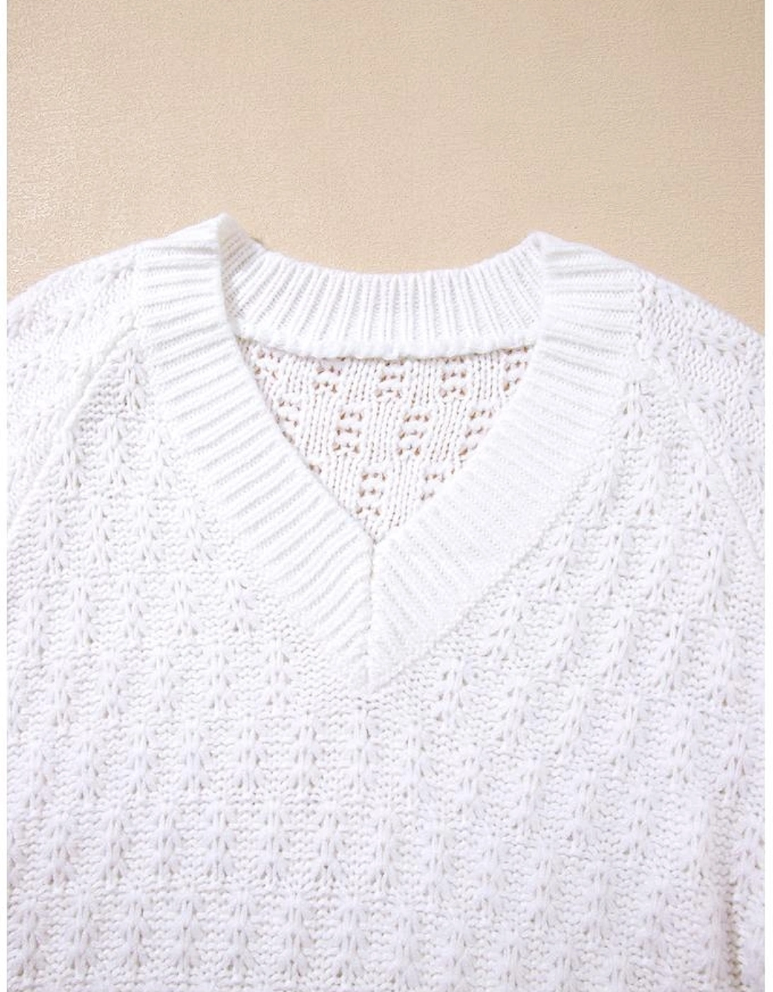 White Textured Knit Ribbed Edge V Neck Loose Sweater