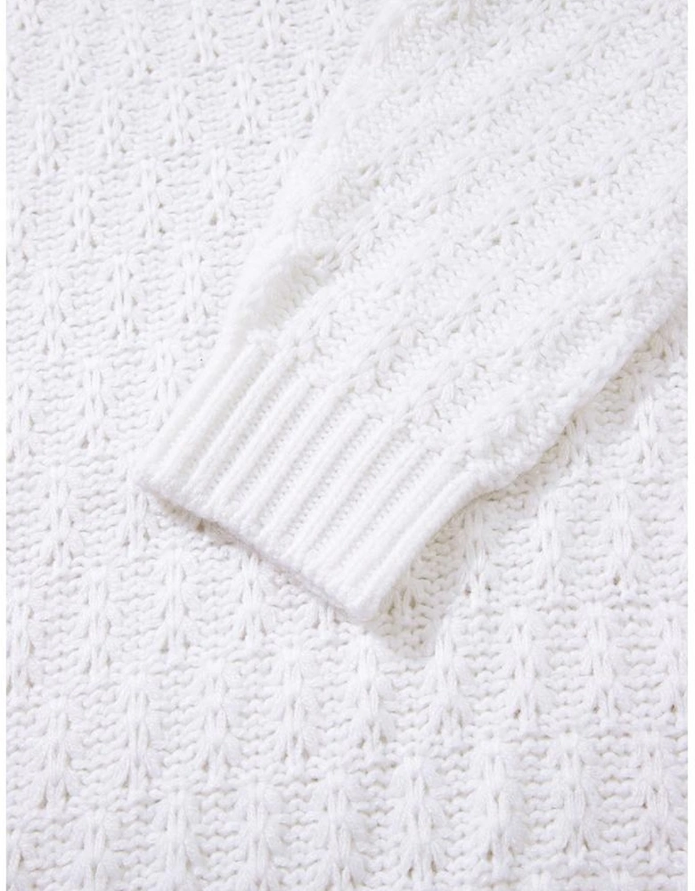White Textured Knit Ribbed Edge V Neck Loose Sweater