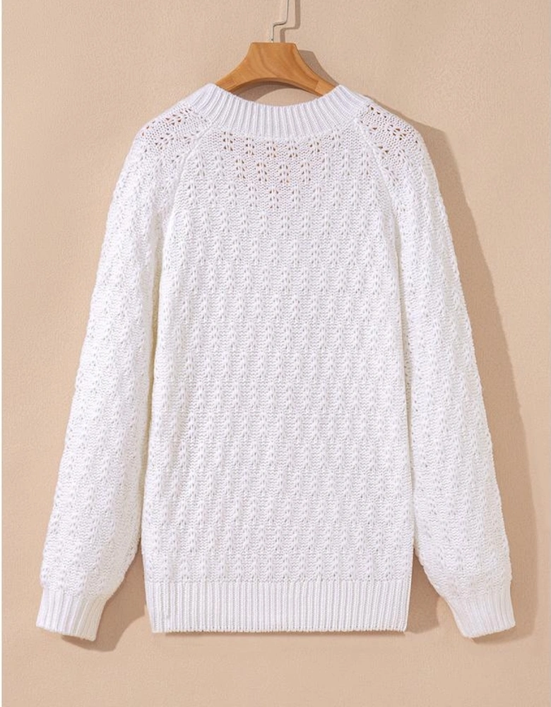 White Textured Knit Ribbed Edge V Neck Loose Sweater