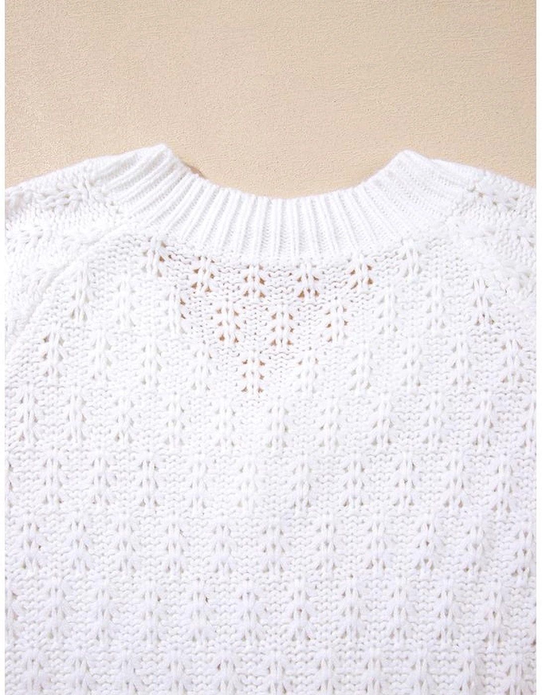 White Textured Knit Ribbed Edge V Neck Loose Sweater