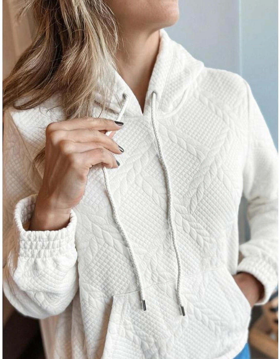 White Cable Lattice Texture Kangaroo Pocket Hoodie