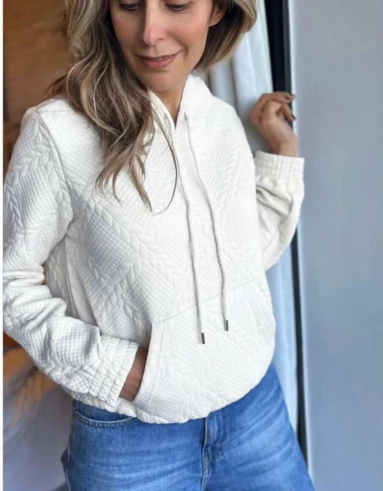 White Cable Lattice Texture Kangaroo Pocket Hoodie