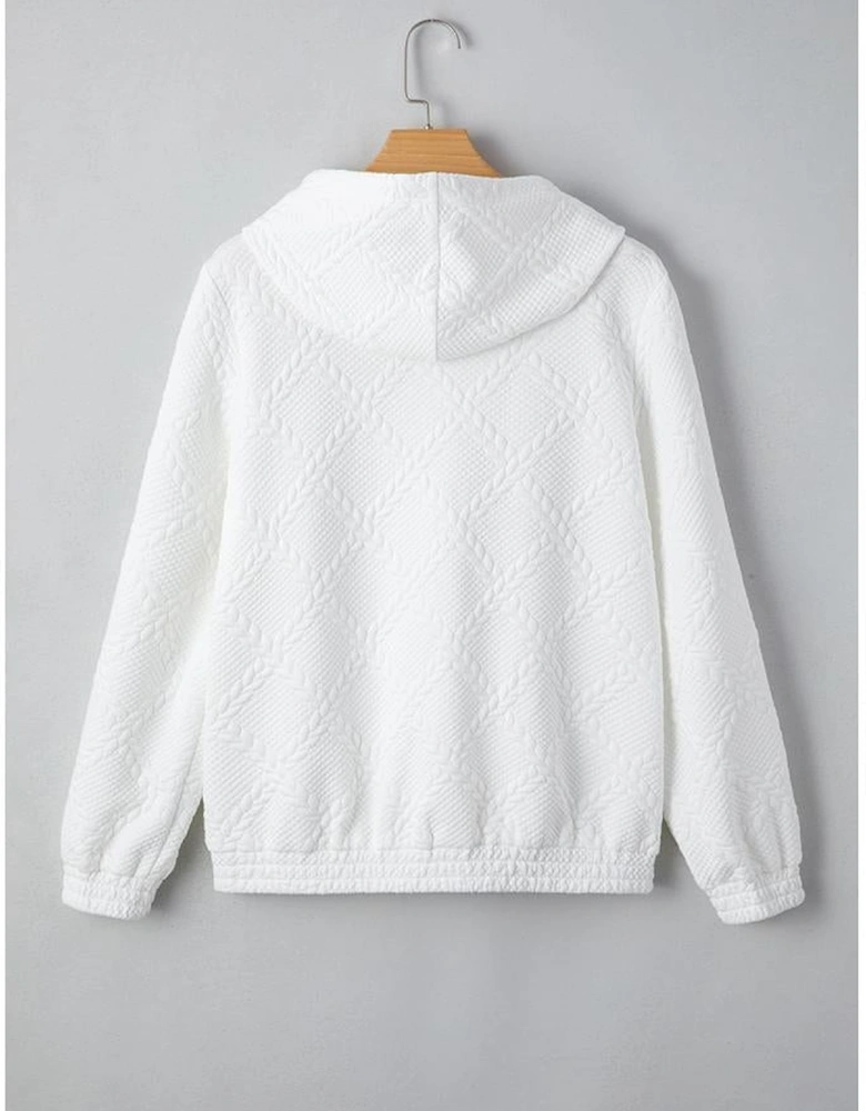 White Cable Lattice Texture Kangaroo Pocket Hoodie
