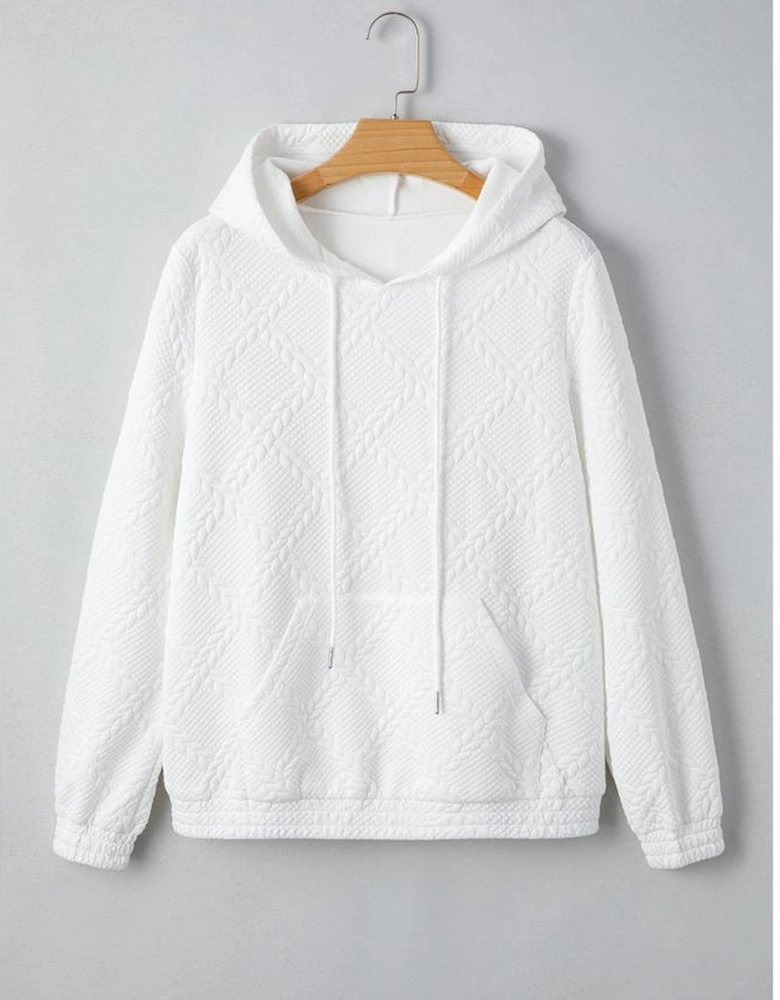 White Cable Lattice Texture Kangaroo Pocket Hoodie