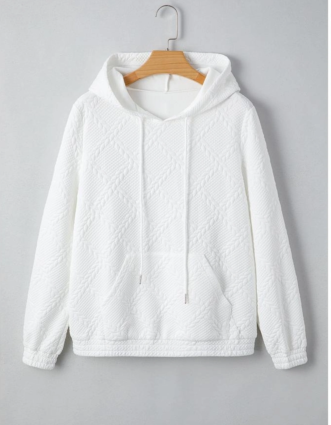White Cable Lattice Texture Kangaroo Pocket Hoodie
