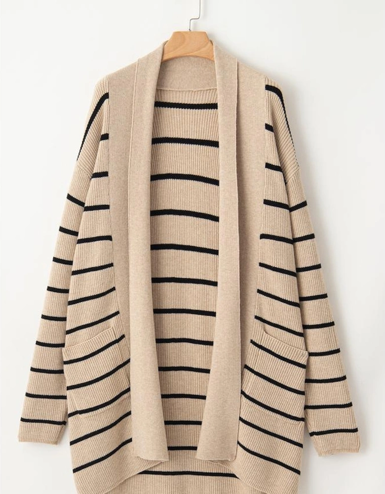 Black Stripe Shawl Neckline Open Cardigan with Pockets
