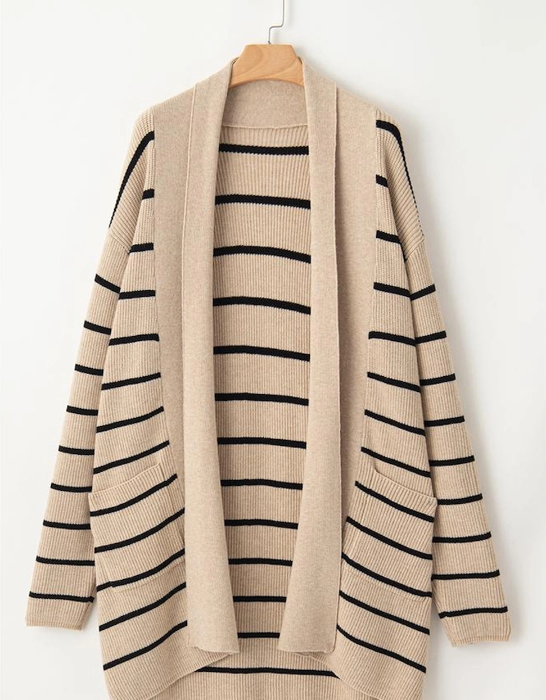 Black Stripe Shawl Neckline Open Cardigan with Pockets