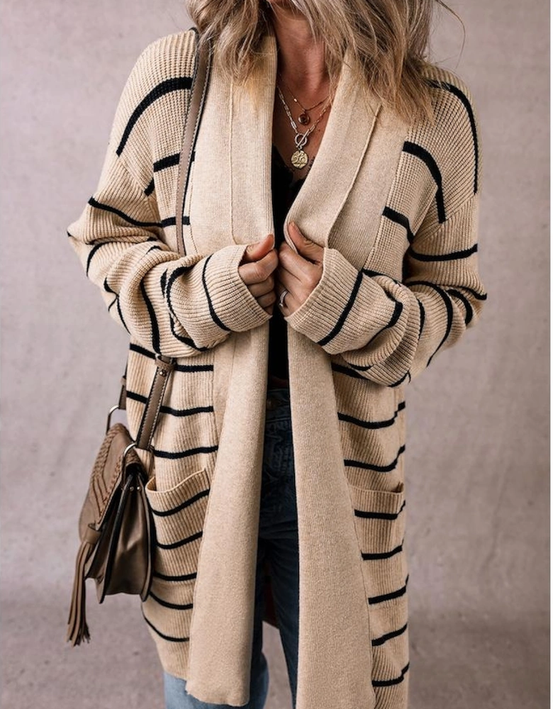 Black Stripe Shawl Neckline Open Cardigan with Pockets