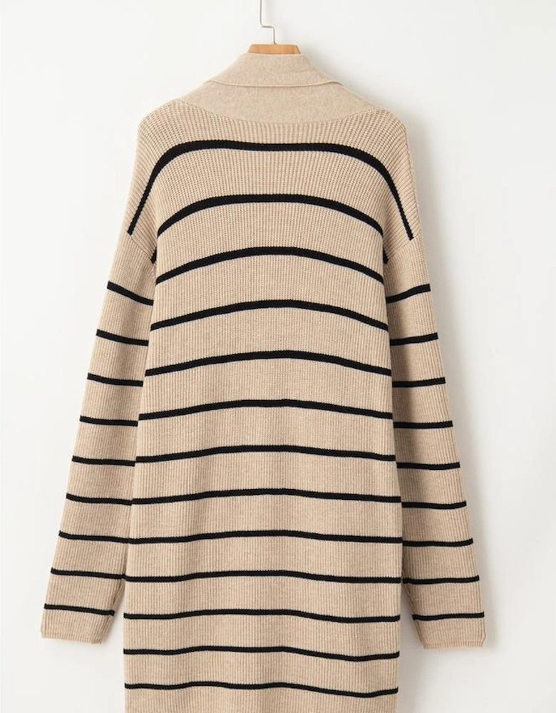 Black Stripe Shawl Neckline Open Cardigan with Pockets