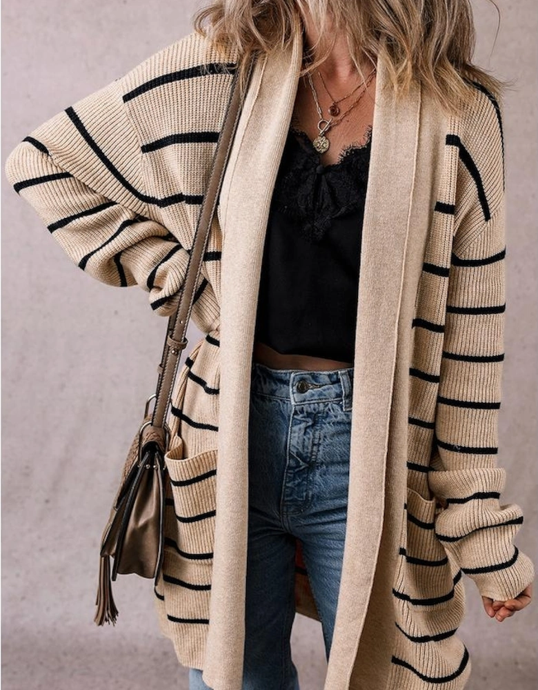 Black Stripe Shawl Neckline Open Cardigan with Pockets