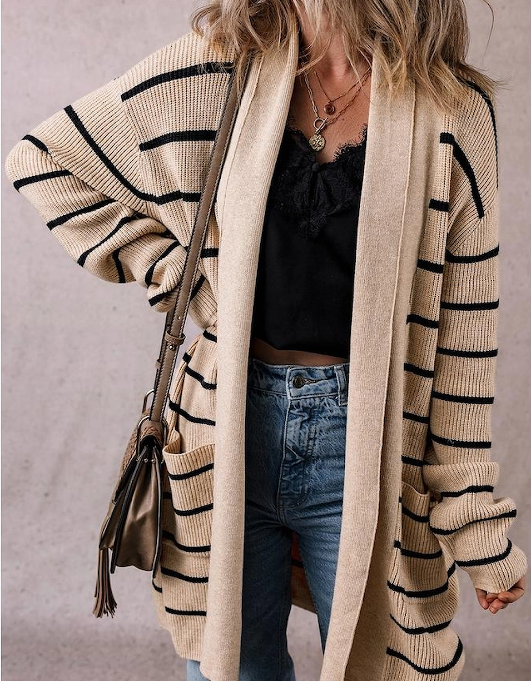 Black Stripe Shawl Neckline Open Cardigan with Pockets