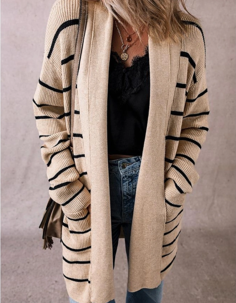 Black Stripe Shawl Neckline Open Cardigan with Pockets