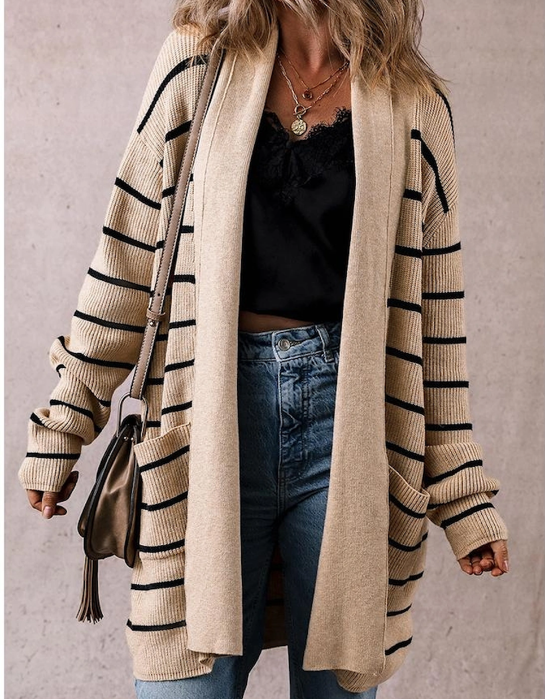 Black Stripe Shawl Neckline Open Cardigan with Pockets